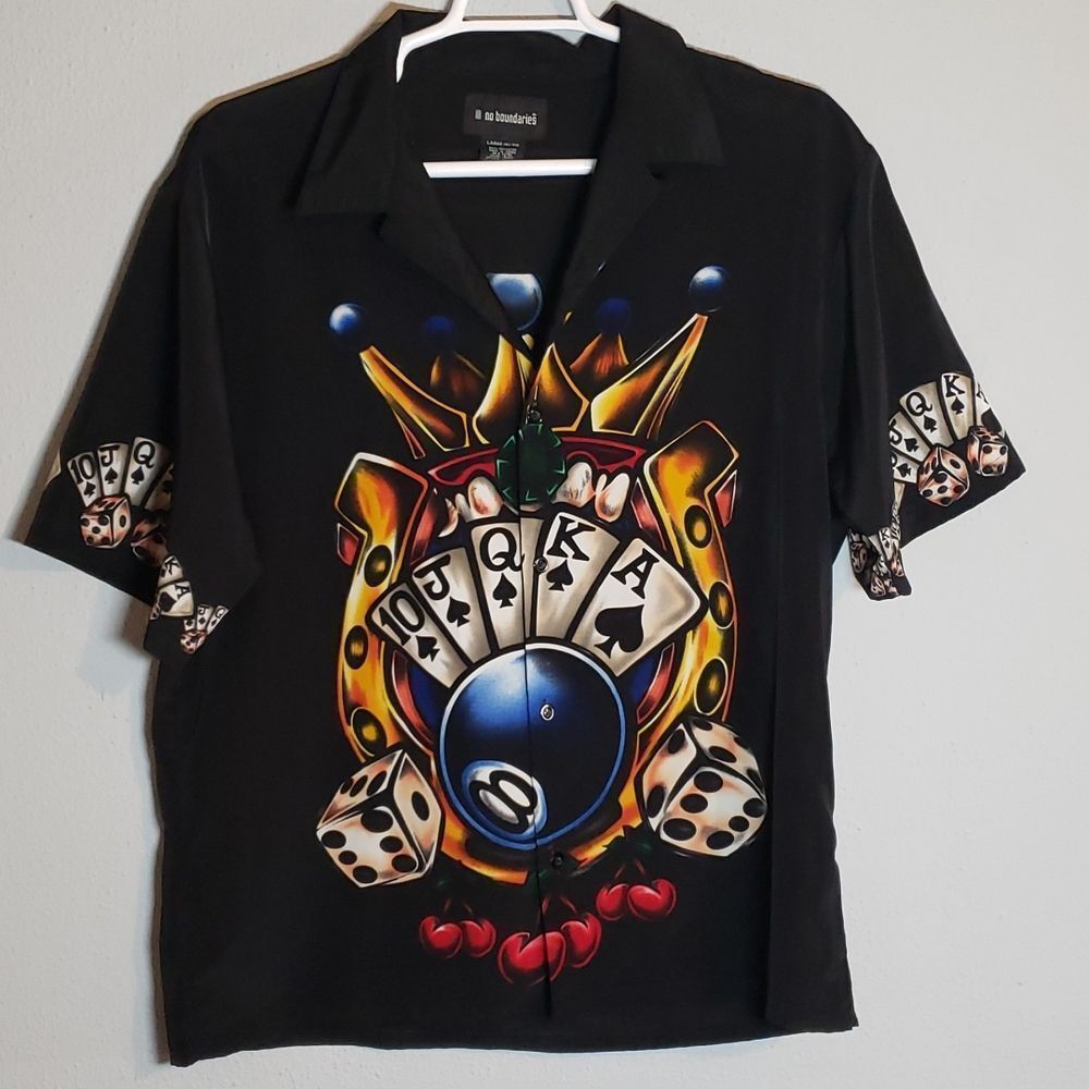 Men's Lucky Gambling Shirt‎ 8 Ball Cards Las Vegas Cards Dice Crown S1ot Machine